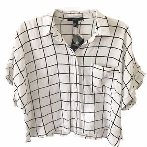 Forever 21 Cropped Grid-Pattern White Blouse